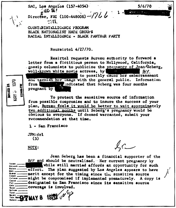 FBI-Dokument von 1970 zu Maßnahmen gegen Jean Seberg